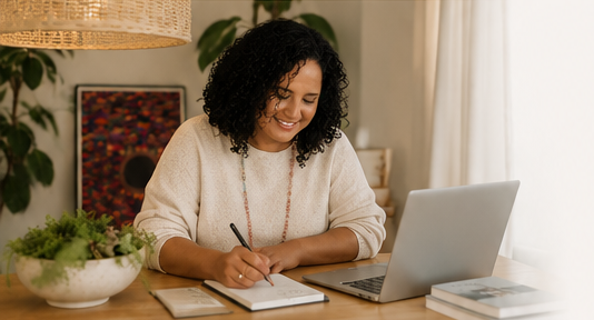 Claudia writing at her desk